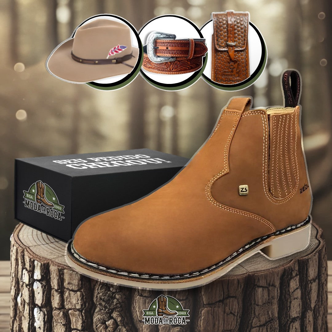 Kit Bota Texas Masculina Ortopédica de Couro Legítimo + 3 BRINDES: Chapéu, Cinto e Capinha