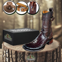 Kit Bota Viking de Couro Robusto de Jacaré + BRINDES: Chapéu, Cinto e Faca