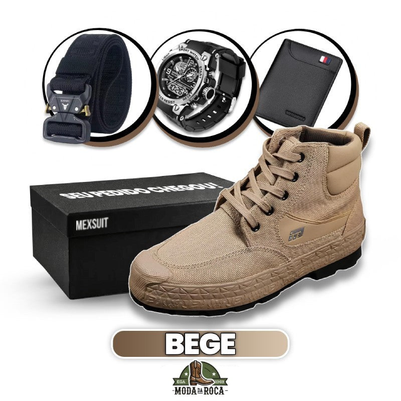 Kit Bota Militar Tactical Masculina de Couro Legitimo + 3 BRINDES: Cinto, Relógio e Carteira