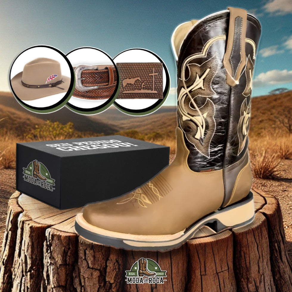 Kit Bota Texana Horizon Country em Couro Legítimo + BRINDES: Carteira, Cinto e Chapéu