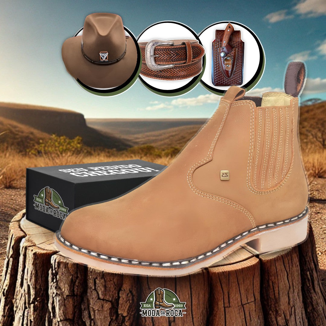 Kit Bota Texas 2.0 Masculina Ortopédica de Couro Robusto + 3 BRINDES: Chapéu, Cinto e Faca