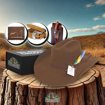 Kit Chapéu Country de Lã com Pena Personalizada + BRINDES: Cinto, Faca e Carteira