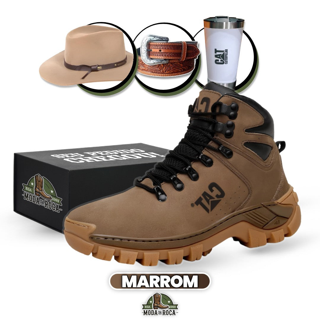 Kit Bota Rover Ortopédica Masculina de Couro Legítimo + BRINDES: Chapéu G. Lima, Cinto e Copo