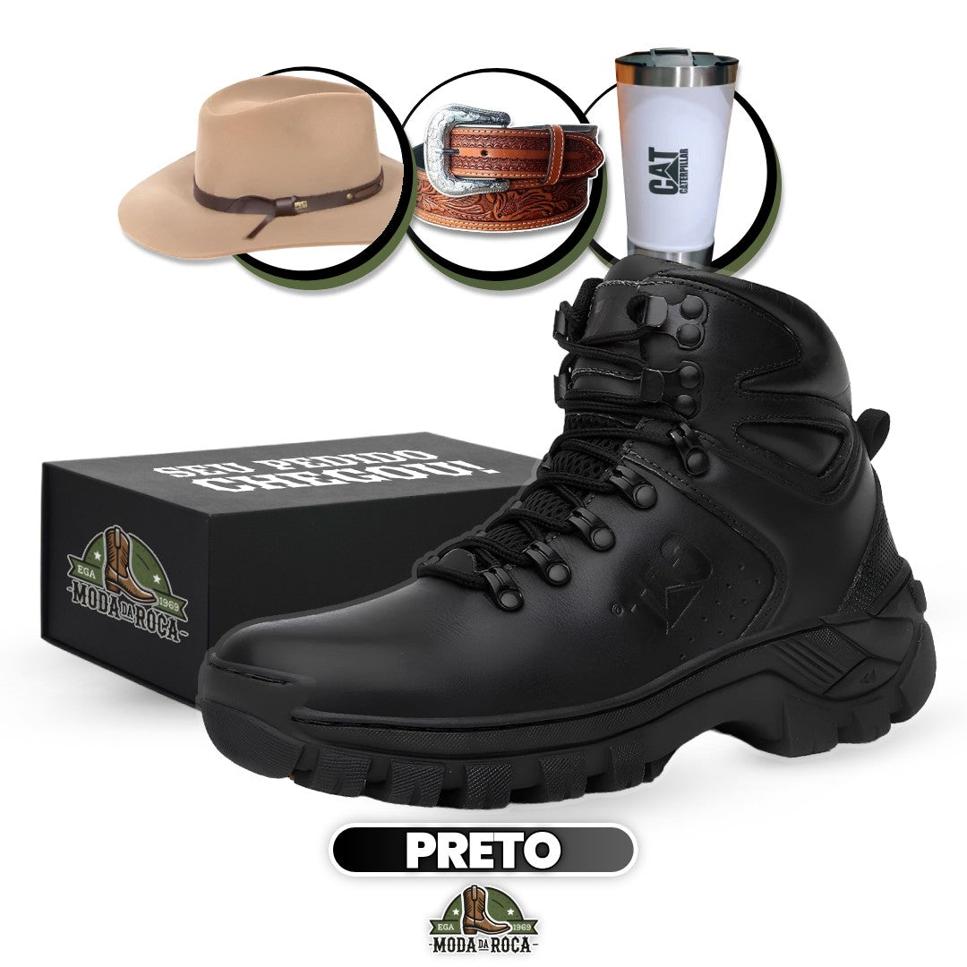 Kit Bota Rover Ortopédica Masculina de Couro Legítimo + BRINDES: Chapéu G. Lima, Cinto e Copo