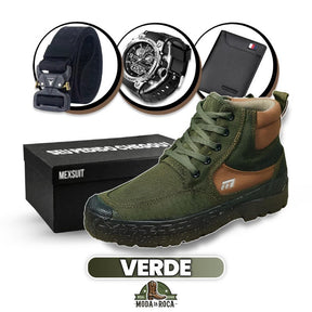 Kit Bota Militar Tactical Masculina de Couro Legitimo + 3 BRINDES: Cinto, Relógio e Carteira